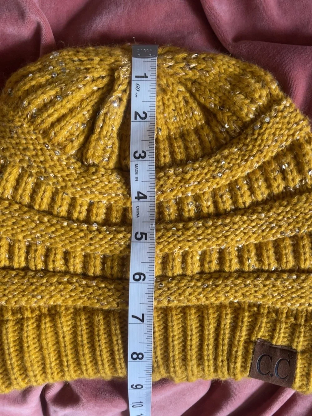 C.C. Exclusives Mustard Yellow Chunky Knit Beanie with Silver Shimmer Like New
